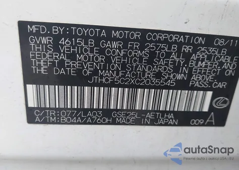 2012 Lexus Is 250 from USA, damaged, VIN JTHCF5C2XC2035545